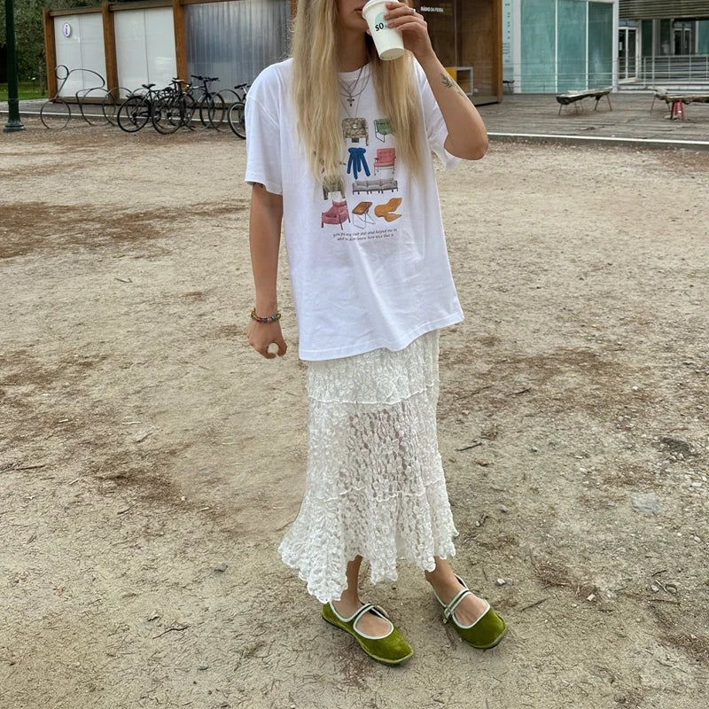 Maemukilabe Vintage Lace Midi Skirt Floral Sheer See-Through Irregular Hem A-line Skirt Fairy Streetwear Chic Women Long Skirt.