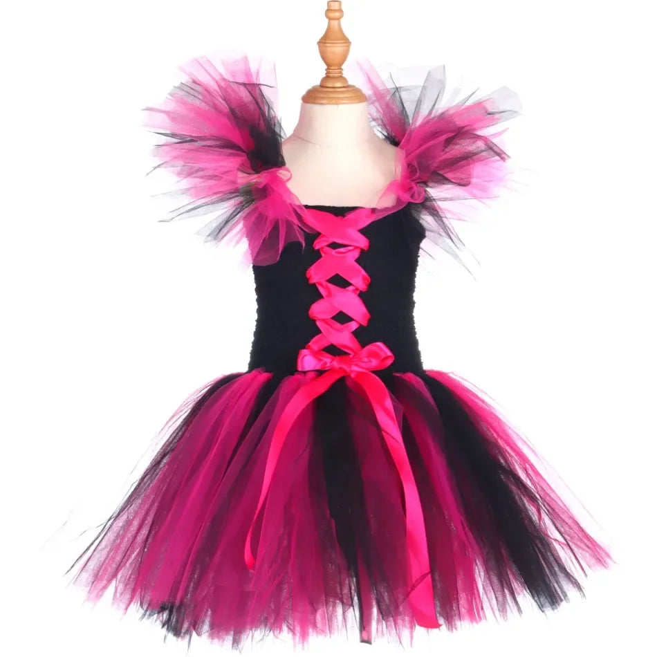 Halloween Malefice Kostüm für Kinder Karneval Party Kleidung Set Hexe böse Königin Cosplay Kostüm für Mädchen Phantasie Tüll Tutu Kleid.