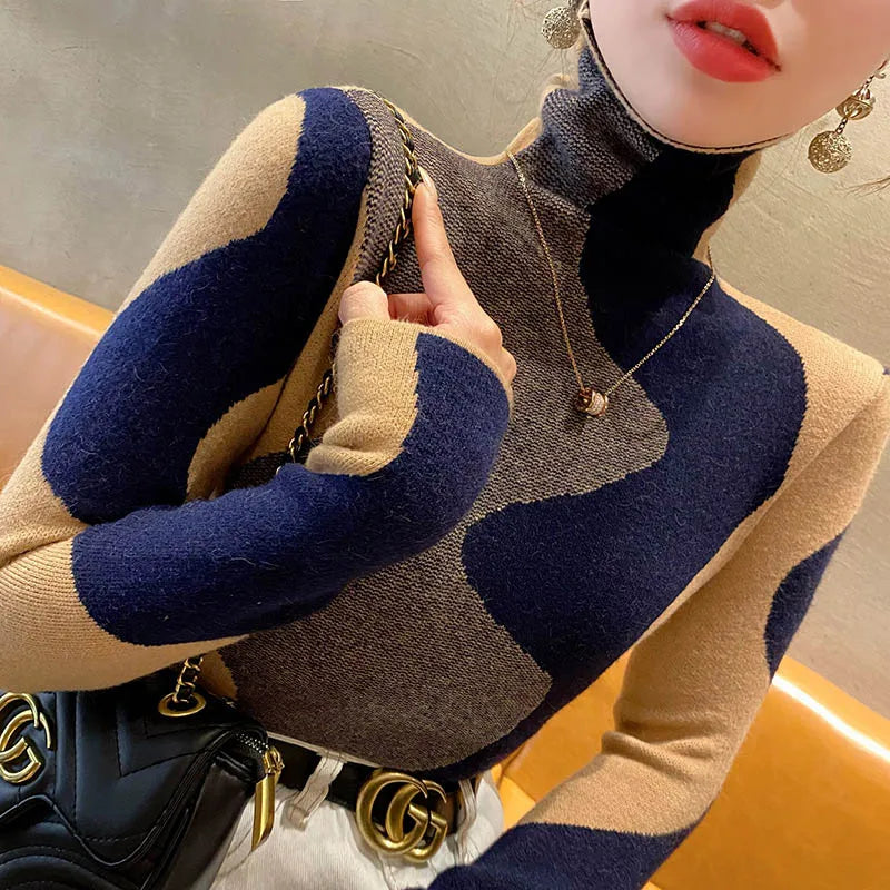 Women Clothing Vintage Fashion Slim Turtleneck Sweaters Autumn Winter Elegant Chic Patchwork Knit Pullovers Office Lady Tops