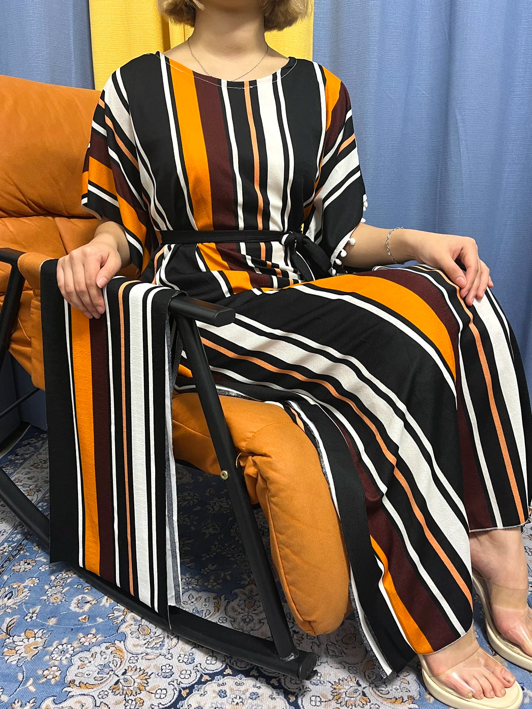 Abayas For Women 2024 Printed Vertical Stripe Tassels Elasticity Loose Fit Femme Robe African Woman Dresses With Belt Headscarf