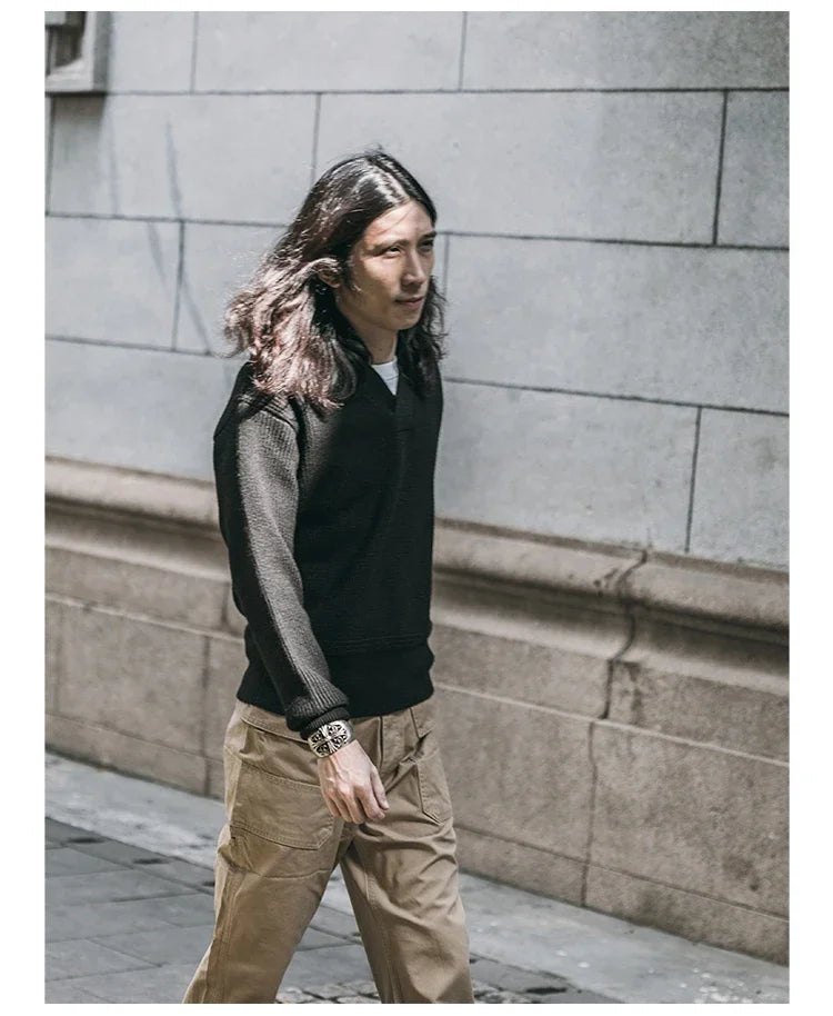 Bronson WWII USAAF Type A-1 Mechanic Sweater Men Heavyweight V-Neck Knit Jumper.