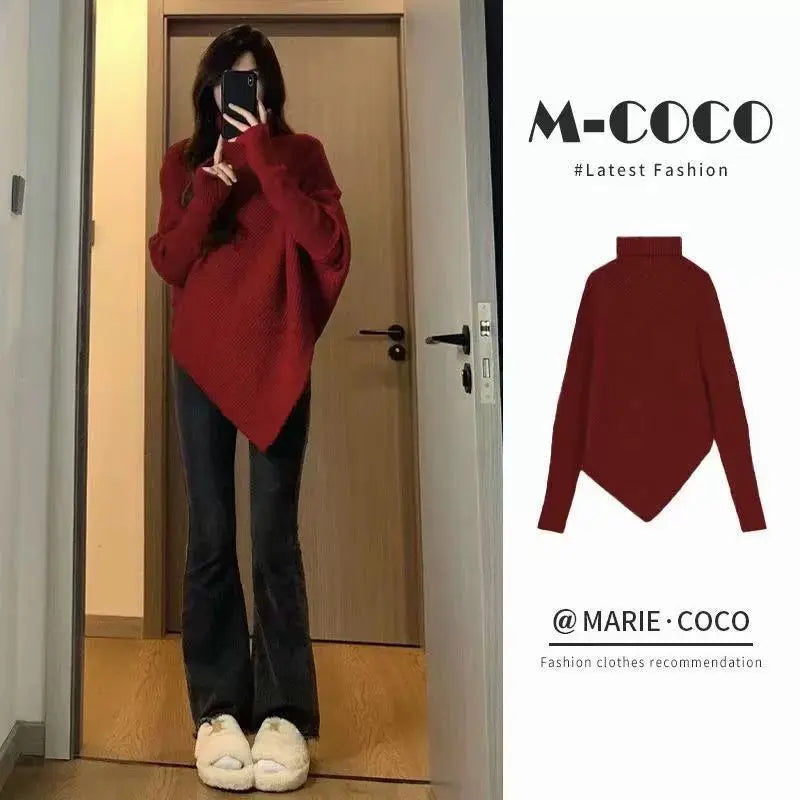 Herbst Winter Neue Frauen Pullover Koreanische Mode Chic Casual Rollkragen Solide Asymmetr Lose Batwing Hülse Pullover Gestrickte Tops.