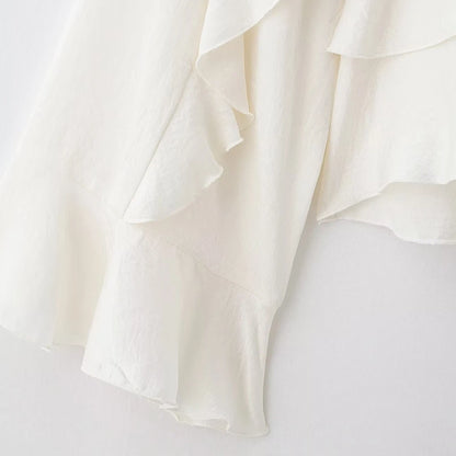 Women's Long Sleeve Ruffled Blouse Stand Collar Chic Fashion Top Elegant Female Shirt.