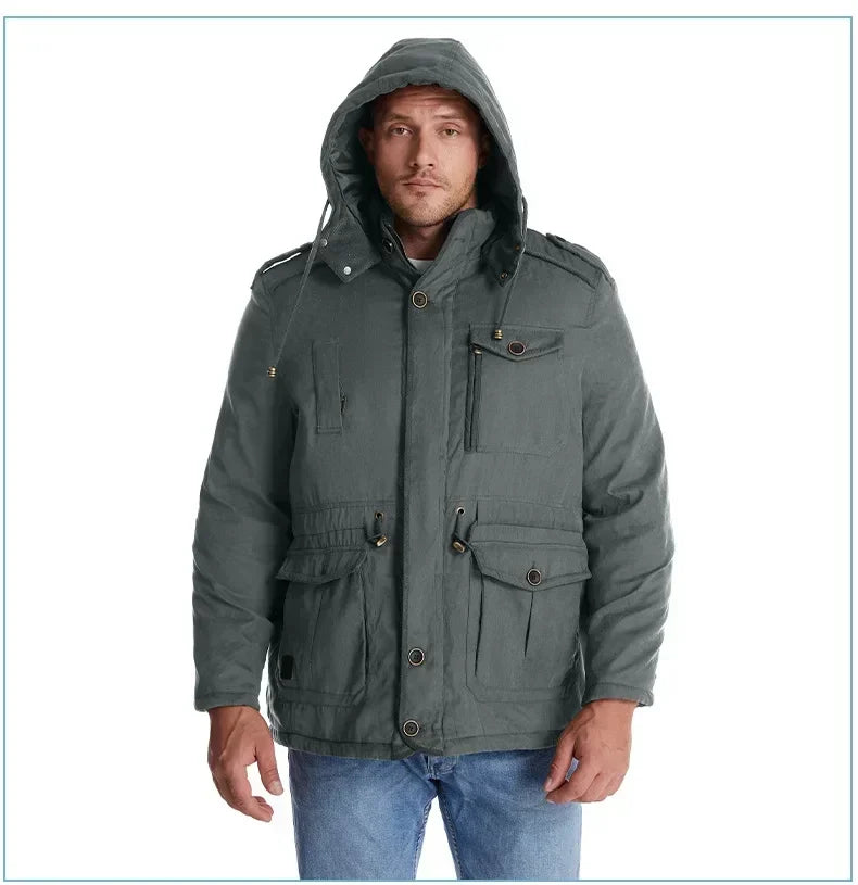 Men's Jacket WINTER USA SIZE Large SIZE Lamb Fleece JACKETS Hooded Cotton Thickened Multi Pocket Casual Mid length Coat