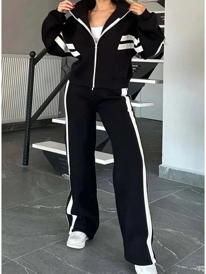 Fashion Striped Hoodie Set For Women Casual Long Sleeve Zip Tops+High Waist Wide Leg Pants 2 Piece Sets Lady Y2k Sports Clothes.