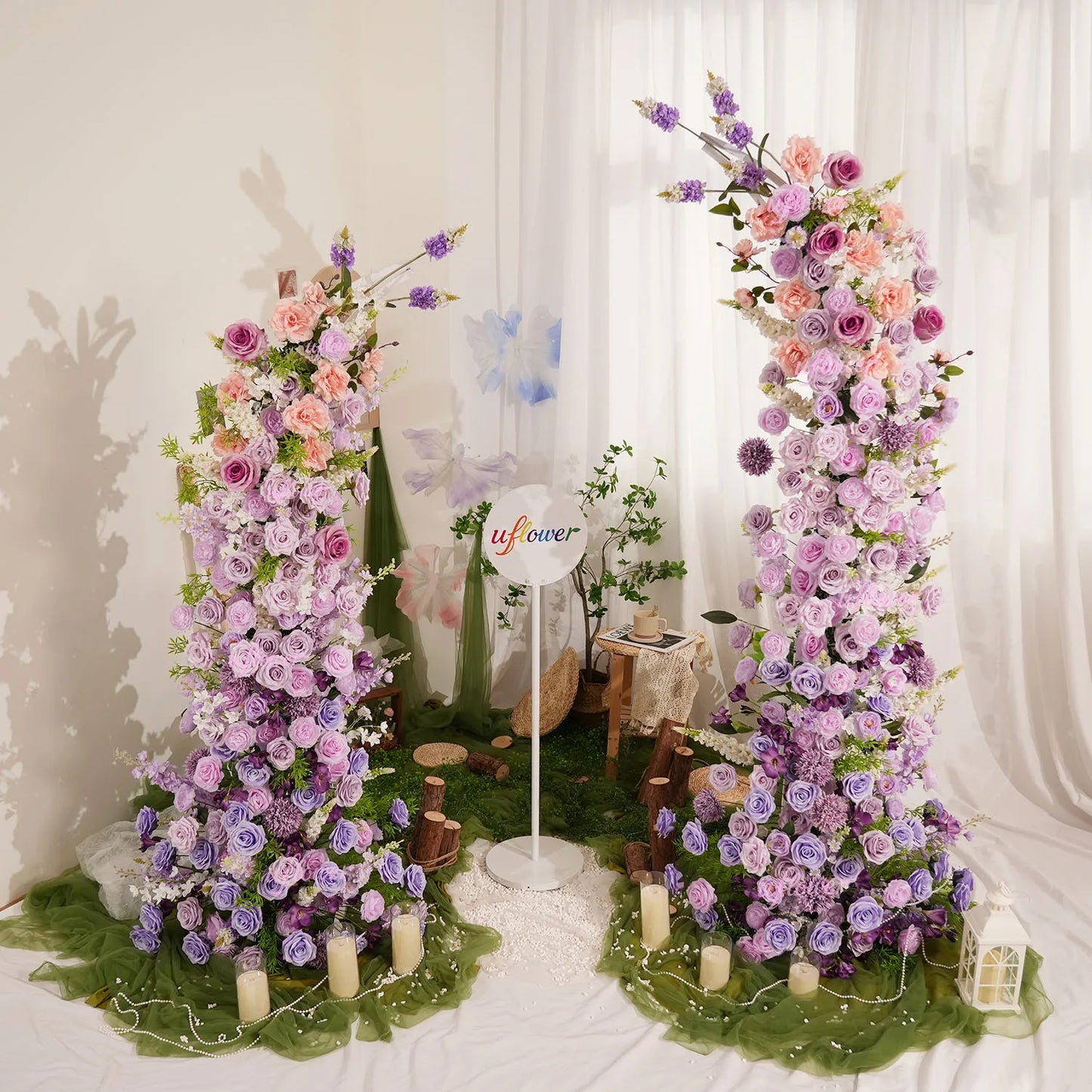 Uflower Gradient Lila Rose Blumenbogen Künstliche Dekorationen für Hochzeit Hintergrund Event Party Blumenarrangement Horn.