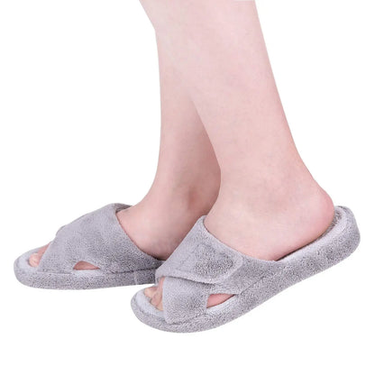 Comwarm Fuzzy House Slippers For Women New Terry Cloth Arch Support Cotton Slippers Four Seasons Open Toe Indoor Flat Slippers.