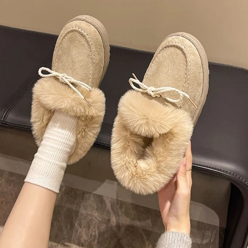 Bow Round Toe Flat Fleece-lined Woman Shoes Trend 2025 Y2k Chic and Elegant Winter Novelty Padded Sale Hot Snow Boots for Women.