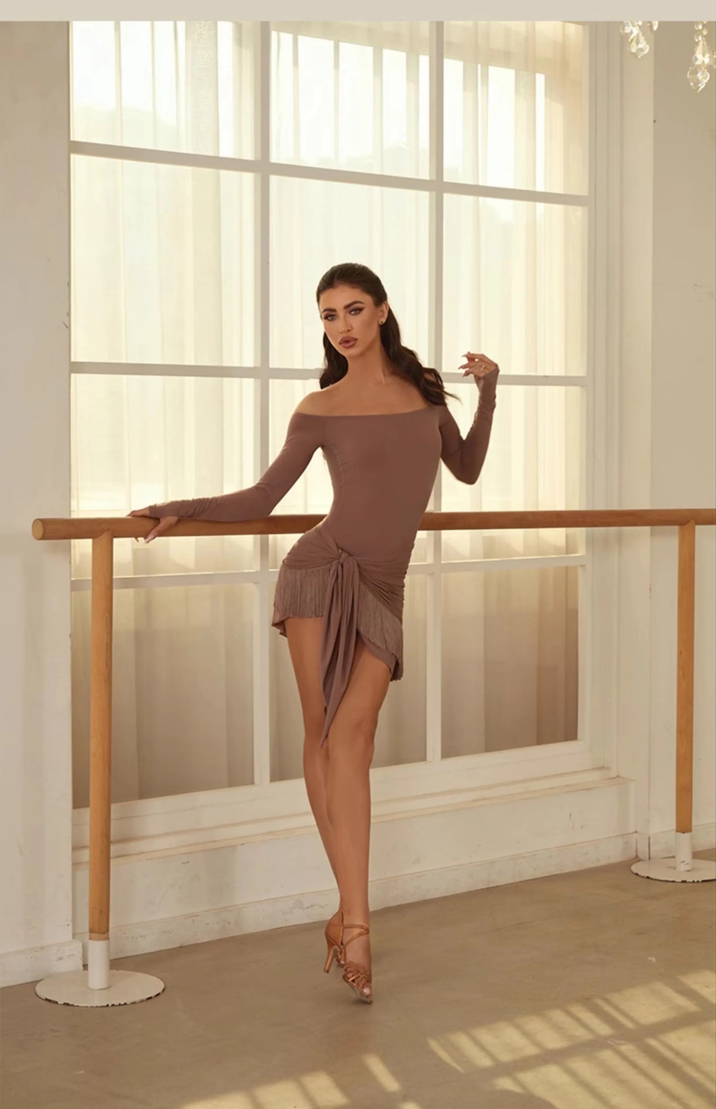 ZYM Off Shoulder Latin Dance Dress Women Long Sleeves Fringe Dress Adult Rumba Dance Practice Wear Performance Clothing DNV22221