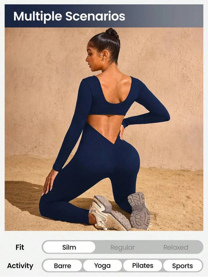 Long sleeve trousers jumpsuits, back cut design, beautiful hip line, clothing suitable for sports and exercise.