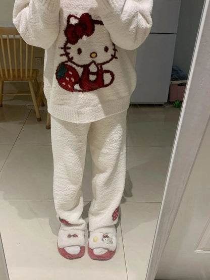 Kawaii Hello Kitty Pajamas Girl Sanrio Long-Sleeved Loungewear Sweet Young Student Girl  Warm Home Clothes Sleepwear Set.