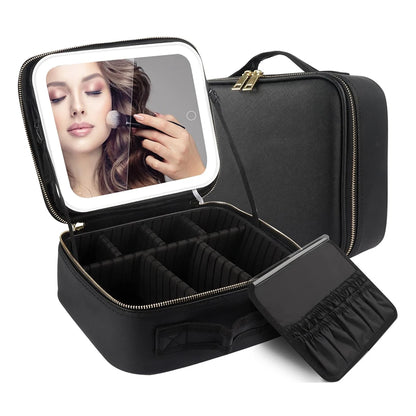 Makeup Bag with LED Mirror Travel Large Train Case Cosmetic Organizer Make Up Bags with 3 Color Lights and Adjustable Dividers.