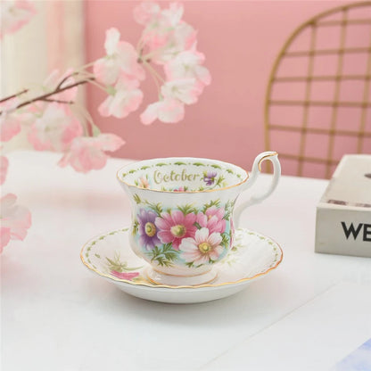 Coffee Cup and Saucer Set Month Flower Mug Bone China Drinking Set Ceramic Cup and Saucer Home Teacup Dessert Saucer Gifts