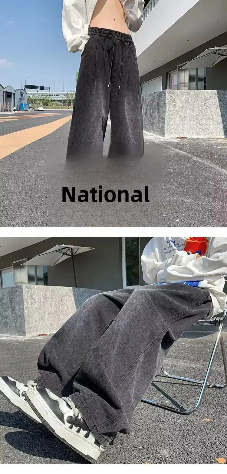 2024 New Trendy Wide-Leg Jeans Men's Loose-Fit Straight-Leg Casual Long Pants Vintage Washing Distressed Style.