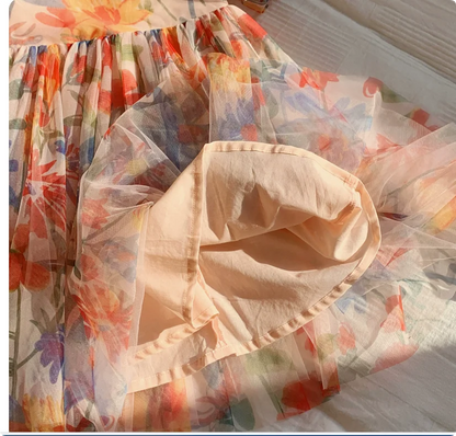 2023 sommer Kinder Kleidung Puff Sleeve Blumen Druck Kleid Für Mädchen Mesh Kinder Kleid für Mädchen.