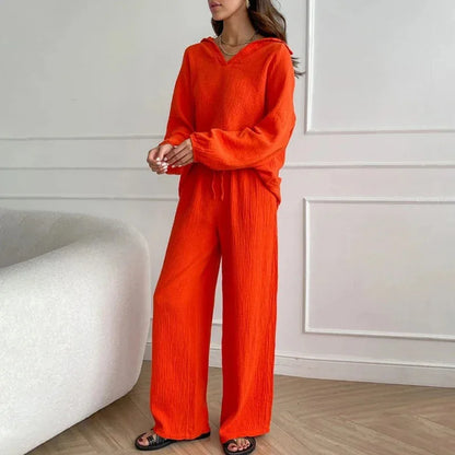 Women's Suit Solid Color Casual Loose 2025 Elegant Spring And Summer Fashion New Long-sleeved Lapel Top + Drawstring Pants Suit.