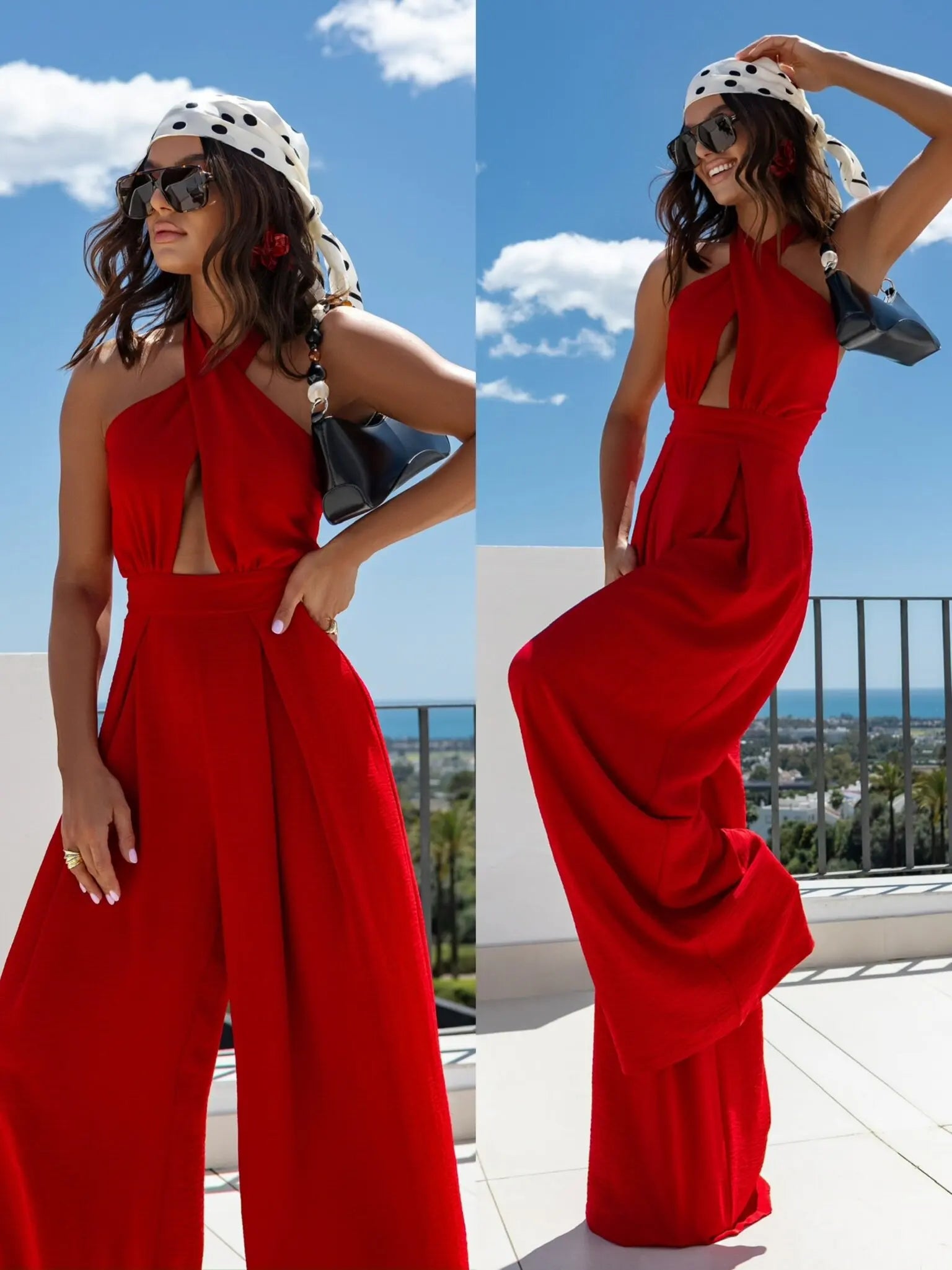 2025 Summer Female Jumpsuits Solid Color Hollow Out But Cross Halter Collar Backless Sexy Lady Wide Legs Jumpsuit Long Pants.