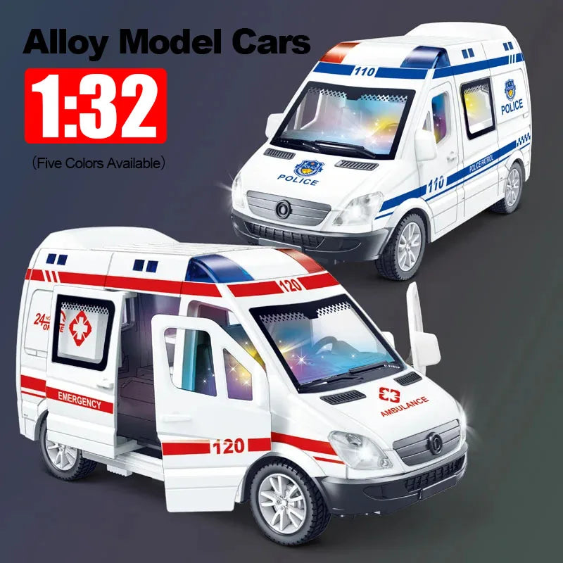 1:32 Mini Alloy Car Diecast Ambulance Fire-Truck Policecar Model Sound And Light Vehicle Simulation Collection Gifts Toys Boys.