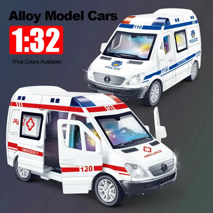 1:32 Mini Alloy Car Diecast Ambulance Fire-Truck Policecar Model Sound And Light Vehicle Simulation Collection Gifts Toys Boys.