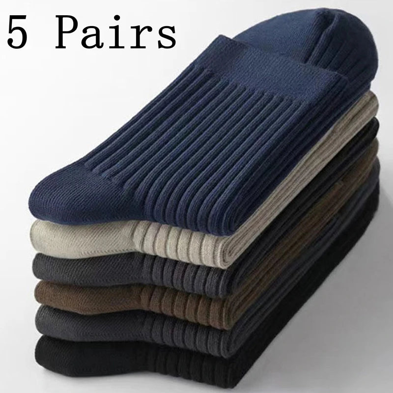 5 Pairs Socks Men's Mid-tube Sweat Absorption Business Sports Black Solid Color Stockings Autumn Winter Double Needle Breathable.