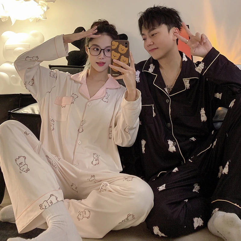 Pajamas Women Pajama Man Set Cotton Plus Size Spring Autumn Long-sleeved Korean Cardigan Casual V-neck Nightwear Couple Pyjamas.