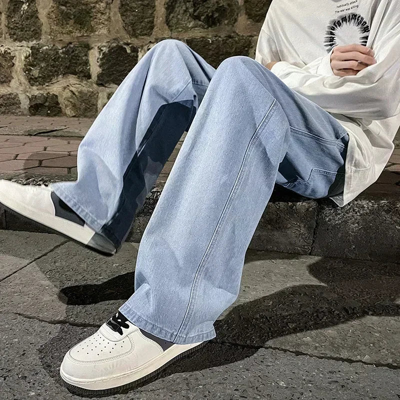 2024 New Streetwear Loose Jeans Men Korean Style Fashion Loose Straight Wide Leg Pants Men's Brand Clothing Black Light Blue.