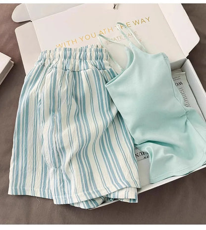 Einfarbiger Pyjama mit Brustpolstern, gestreifte Shorts für Damen, Sommer, dünne Leibchen-Shorts, Loungewear, großer Pyjama, zweiteiliges Set.