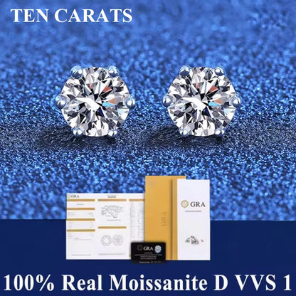 TEN CARATS Moissanite Stud Earrings for Women, D Color VVS1, S925 Sterling Silver, Luxury Jewelry Gift with GRA Certificate.