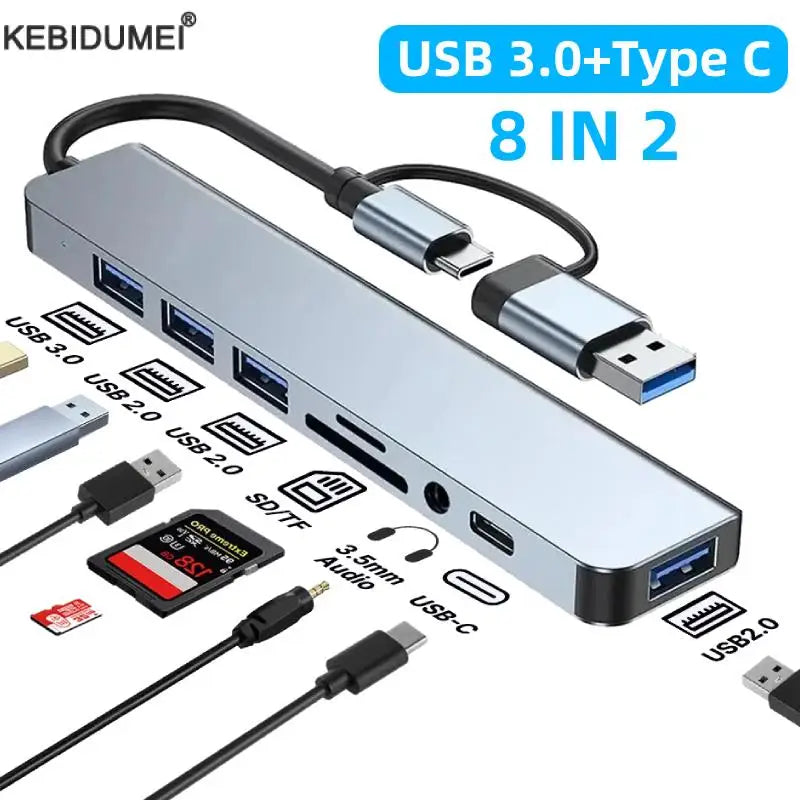 USB 3.0 Type C Adapter Docking Ststion USB 2.0 Port TF SD Card Reader Audio Output Multi-hub Splitter  for Macbook Pro Computer.