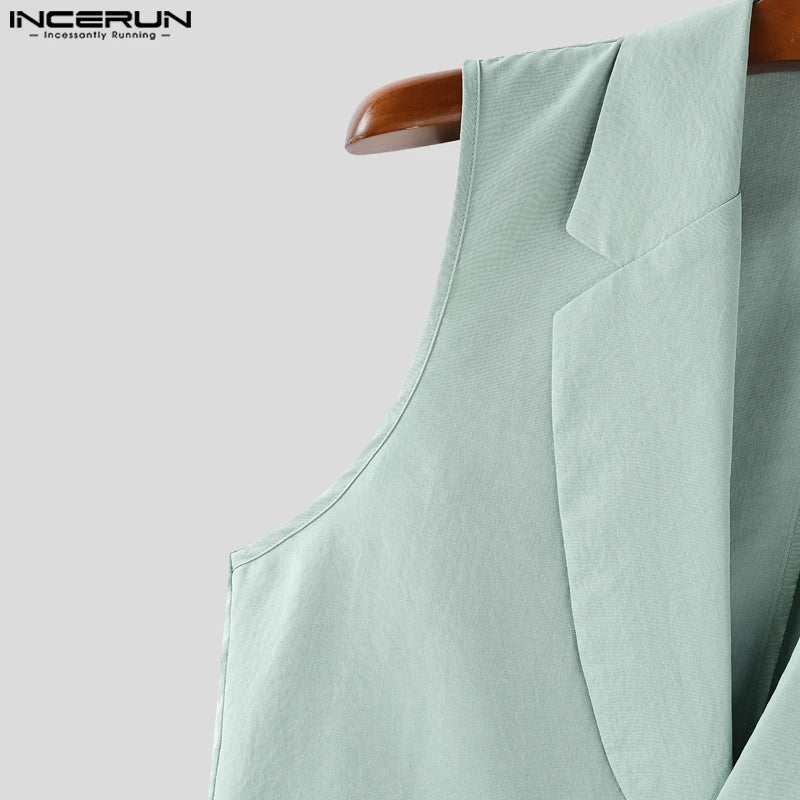 INCERUN Summer Men's Sets Solid Color Sleeveless Tops Tee Buttons Summer Long Pants Male Two-piece Suits Streetwear 2PCS S-5XL