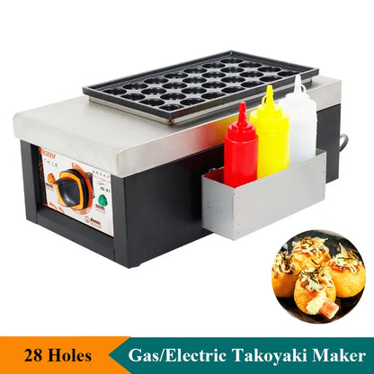 Commercial 28 Holes Takoyaki Maker Machine Electric or Gas Non-stick Waffle Balls Baker 40MM Round Fish Ball Making Machine.