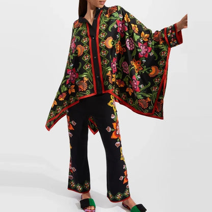 Retro Printed Loose Indie Folk Outfit Women Spring Stand Collar Button Irregular Top+Pant Set Fall Batwing Long Sleeve 2pcs Suit