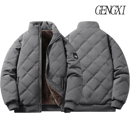 New Windproof Thermal Diamond-Quilted Cotton Jacket Winter Men's Fleece-Lined Thickened Cuff Design Stand-Up Collar Jacket.