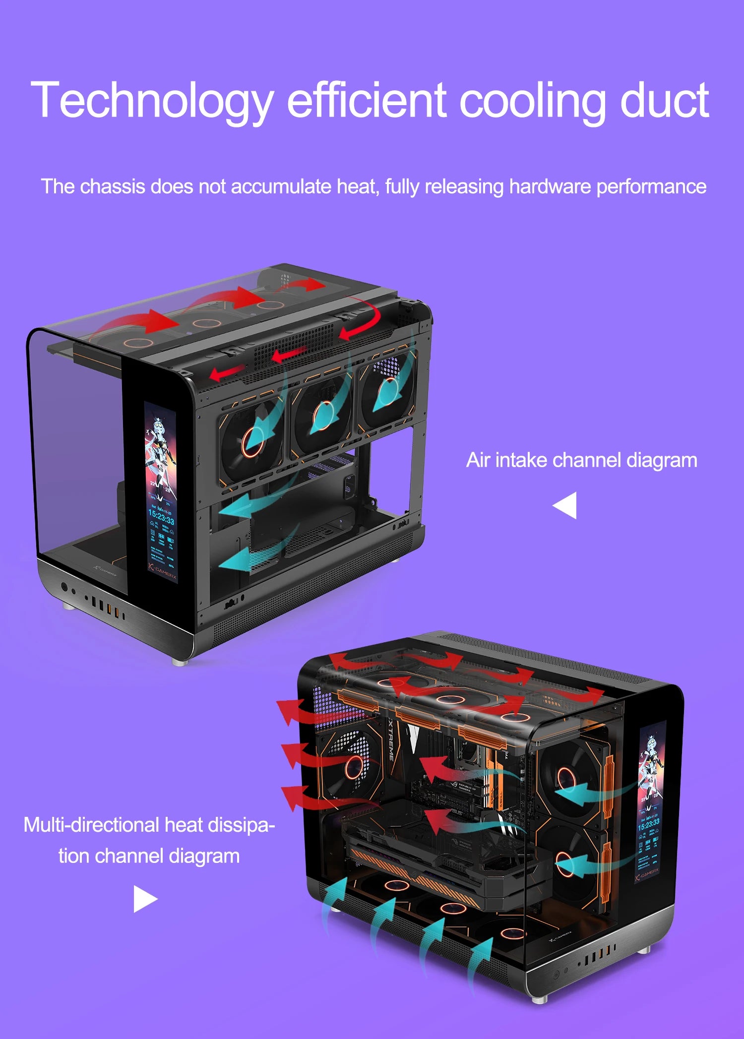 X-GAMERX HUANYI WING MATX Seaview room Case Vertical Desktop Computer 360 Water-cooled Chassis TYPE-C Interface With Screen.