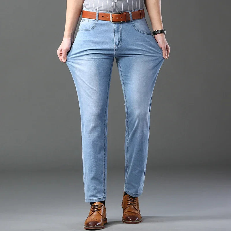 Spring Autumn Business Men Jeans Casual Straight Stretch Fashion Classic Black Sky Blue Grey Work Denim Trousers Brand Clothing.