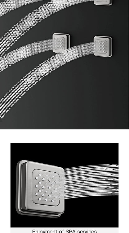 Deckenmontiertes thermostatisches LED-Digitalanzeige-Duschsystem. Eingebetteter Badmischer aus Messing im Wasserfallstil für heißes und kaltes Wasser