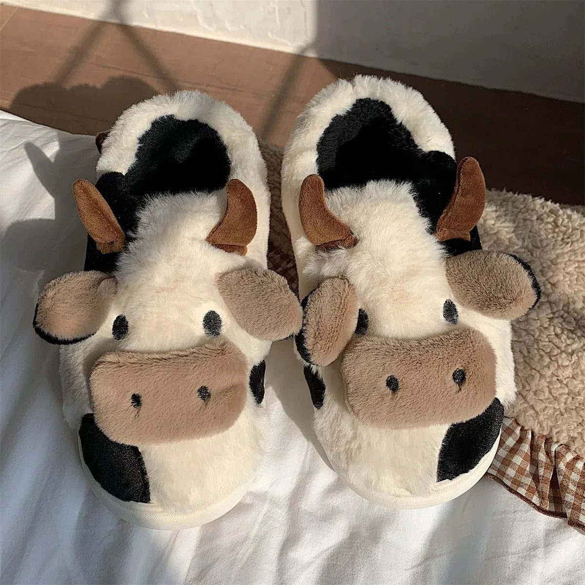 Shevalues Plush Cartoon Milk Cow Slippers Winter Women Slippers Furry Non-Slips Women Cotton Slides Couples Soft Cozy Flat Shoes.