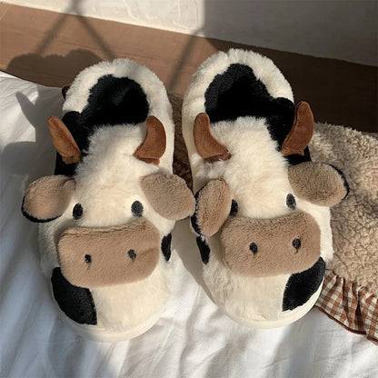 Shevalues Plush Cartoon Milk Cow Slippers Winter Women Slippers Furry Non-Slips Women Cotton Slides Couples Soft Cozy Flat Shoes.