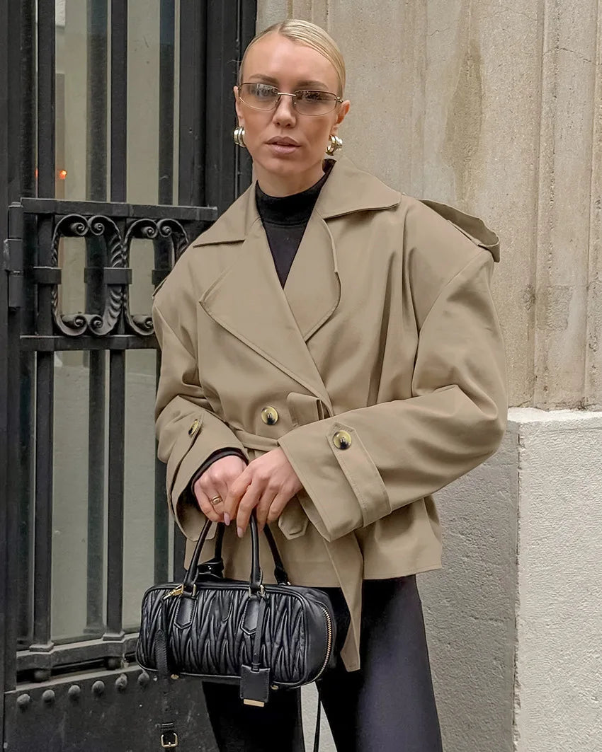 2025 Women Fall Lace-up Cropped Trench Coat Fashion Lapel Long Sleeves Wide Shoulder Windbreaker Jacket Commuting Daily Jackets.