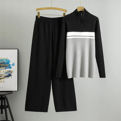 Muslim Knit Suit Women Two Piece Sets Pullover zipper high collar Sweater Knitted Wide Leg Pants Outfits Knitwear 2025 autumn.