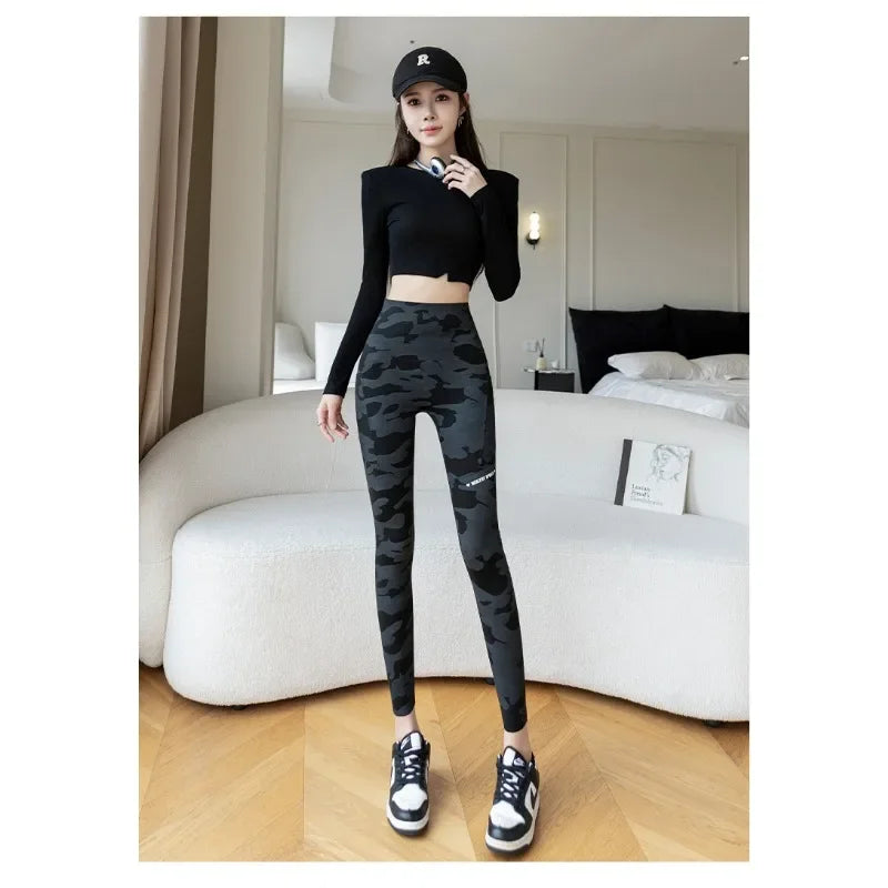 Women Camo Shark Pants High Waist Pocket Leggings Big Size Stretchy Casual Pants Fashion Skinny Yoga Fitness Pants.