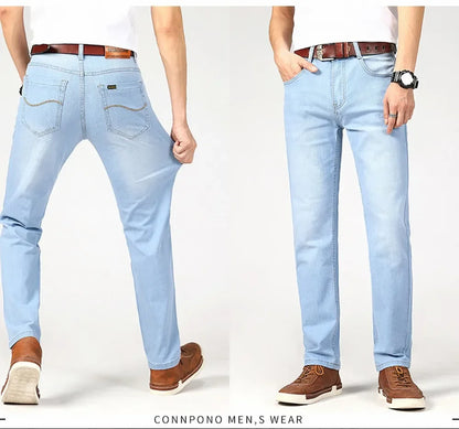 Brand Jeans 2025 Summer Business Jeans Men Light Blue Casual Straight Stretch Fashion Classic Work Denim Trousers Male Clothing.