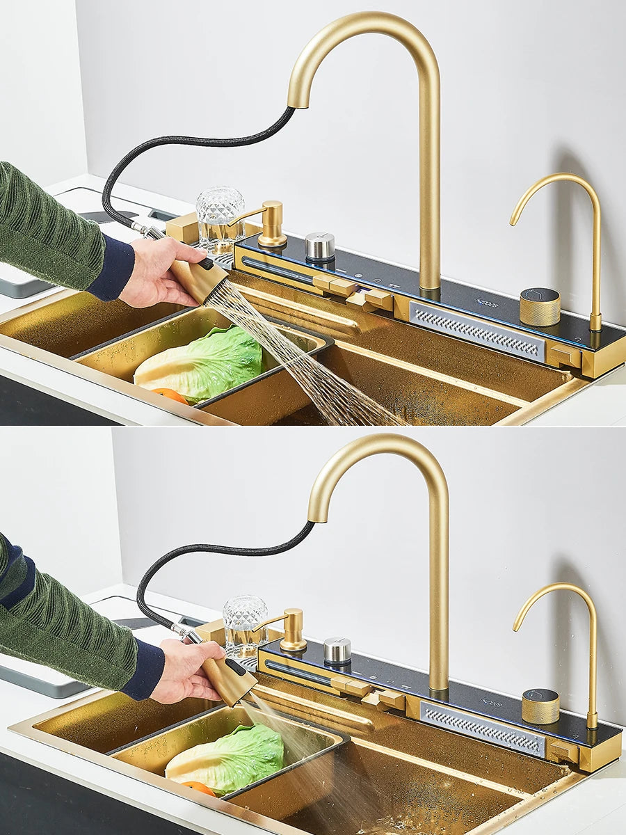 Große 304 Küchenspülen, 75 x 45 cm, Edelstahl, Küchen-Wasserfall-Waschbecken, Digitalanzeige, großes Einzelwaschbecken, Geschirrspüler-Wasserhahn