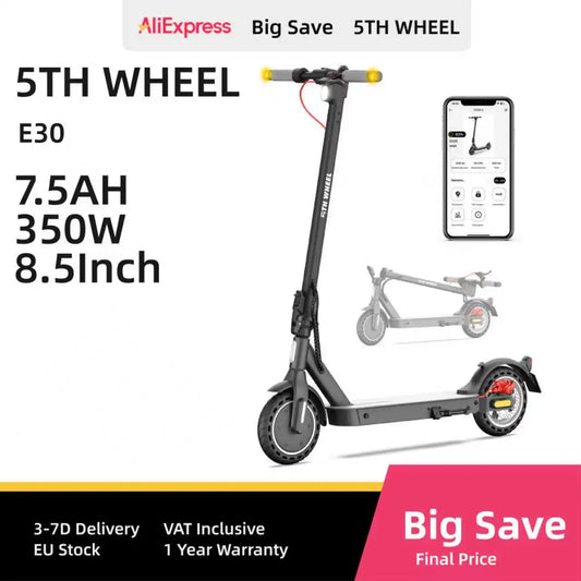 5TH WHEEL E30(ABE) Adult Electric Scooter 350W Motor 36V 7.5AH Battery City Electric Scooter 8.5" Solid Tires Foldable E-Scooter.
