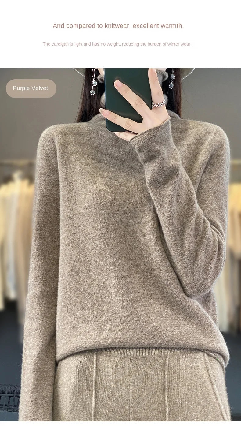 2025 100% Merino Wool Sweater Elegant Cashmere Pullover Women Pile Collar Long Sleeve Knitwear Basic Clothing  Jumper Tops.