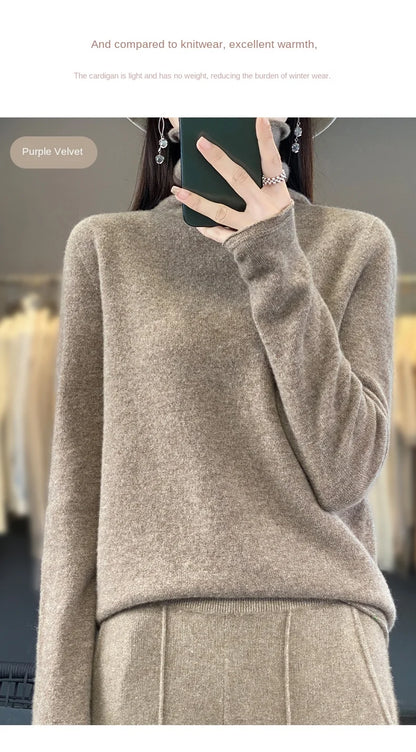 2025 100% Merino Wool Sweater Elegant Cashmere Pullover Women Pile Collar Long Sleeve Knitwear Basic Clothing  Jumper Tops.