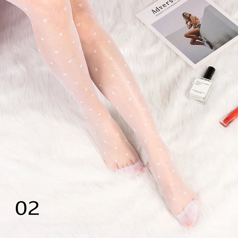 Sexy Women love Dot Embroidery Silk Stocking Thin Vintage Faux Tattoo Thigh Sheer Pantyhose Female Elastic Hosiery girls Tights