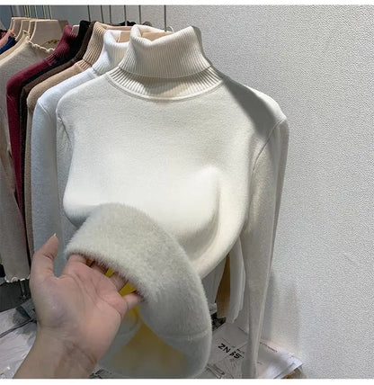 2025 neue Verdicken Hohe Kragen Pullover frauen Pullover Top Winter Warme und Weiche Einfarbig Inneren Tragen Bodenbildung Shirt