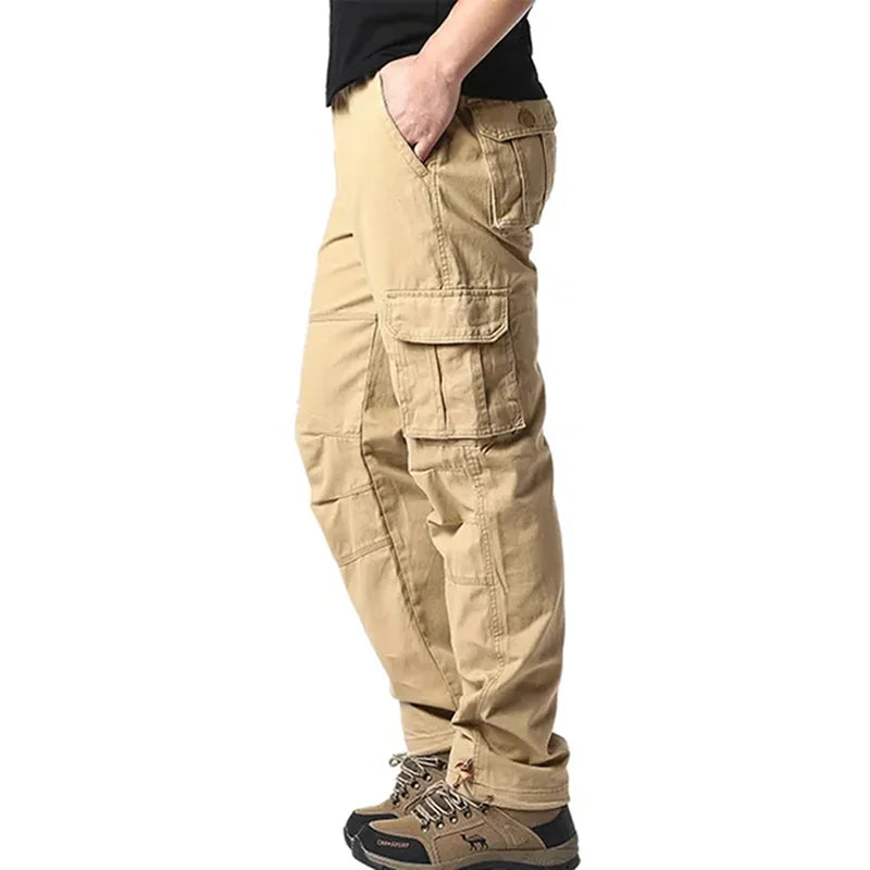 Solid Cotton Multi Flap Pockets Men's Straight Leg Cargo Pants, Loose Casual Outdoor Pants, Men's Work Pants Outdoors Streetwear.