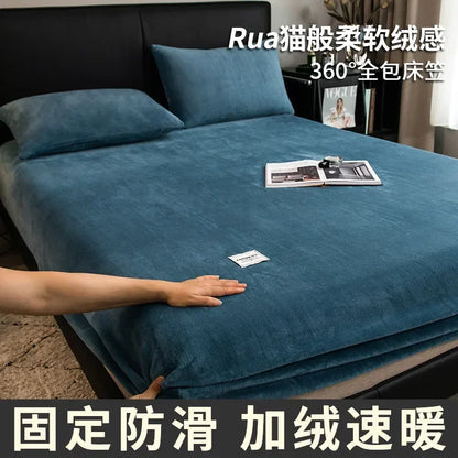 Warm Plush Fitted Sheet Elastic Mattress Cover Fluffy Velvet Fleece Bed Linen Couple Thermal Double Bed Not Included Pillowcase